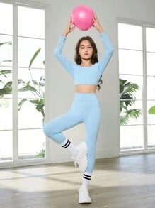 SHEIN 2pcs Tween Girls Knitted Solid Color Short Fitted Hoodie & Leggings Set, High Stretch Shapewear For Cycling & Running