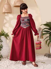 Tween Girl Burgundy Color-Block Floral Print Long Sleeve Dress,Elegant Autumn Waist Pleated Vintage Style Suitable For Party,Formal Occasions&Holiday - Burgundy - View 5