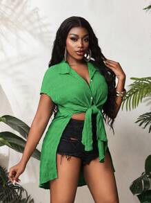 BamGleam 休闲纯色开衩下摆系带衬衫 - 綠色 - 查看 5