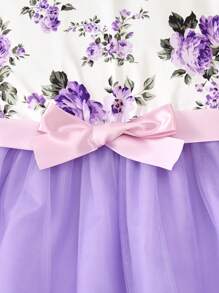 Teen Girl Floral Print Ruffle Hem Mesh Splice Dress - Purple - View 3