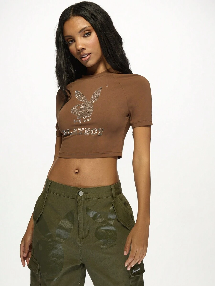 Missguided x Playboy 水钻徽标婴儿短袖 T 恤短款上衣修身 Y2K 时尚休闲俱乐部派对街头服饰个性 T 恤