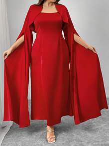 Flirla 大码优雅纯色长款晚礼服两件套，高端披肩长袖夹克和及地抹胸连衣裙