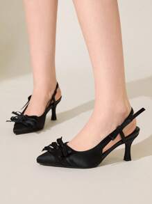 CUCCOO CHICEST 女士尖头多蝴蝶结甜美优雅中跟一脚蹬高跟鞋，舒适黑色缎面细高跟鞋适合约会、下午茶、通勤、情人节 - 黑色 - 查看 4