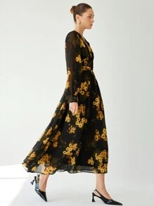 Aveloria Modichic French Romantic Elegant Dark Color Base Bright Floral Print Chiffon V-Neck Ruched Waist Long Sleeve Dress For Women Fall Cloth For Women - Multicolor - View 6