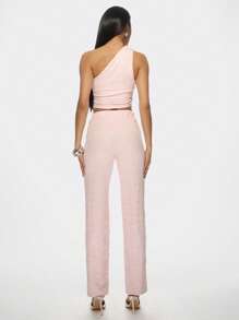 MISSGUIDED Elegant Lace Co-Ord Set Cut-Out Waist Detail One-Shoulder Long Pants Summer Evening Party Club Special Occasion Formal Two-Piece Set - Pink - View 2