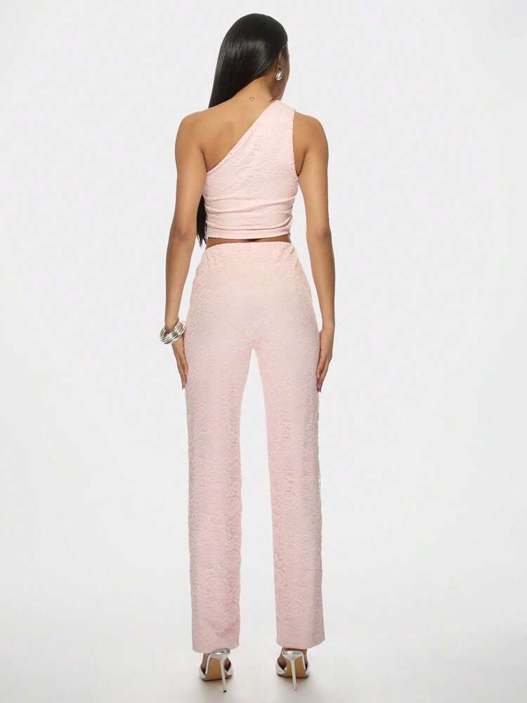 MISSGUIDED Set coordinato elegante in pizzo con dettaglio vita tagliata, pantaloni lunghi monospalla, adatto per eventi serali estivi, feste, occasioni speciali, completo formale a due pezzi