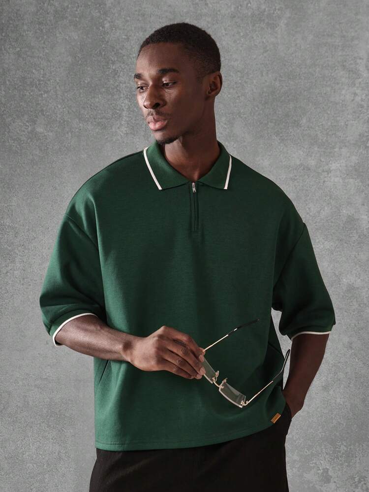 Embroidered Zip Polo Shirt With Contrast Tipping
