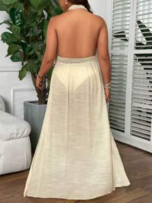 SHEIN Swim Curve 大码女式露背花边系带露背无袖修身超长海滩度假休闲和服罩衫，适合夏季度假 - 杏色 - 查看 2