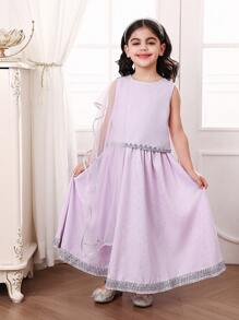 SHEIN Young Girls Sets: Sleeveless Purple Crop Top With Silver Print, Loose Long Dress With Silver Vertical Stripe, Purple Mesh Shawl. Suitable For Ramadan, Family Gathering, Outing,