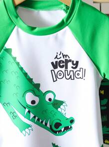 Young Boy Printed Two-Piece Swimsuit Set Young Boys Two-Piece Swim Set: Round Neck Short Sleeve Rash Guard With Fun Alligator Print And Matching Swim Shorts - Regular Length Toddler Boys' Tropical Swimsuit Set: Multicolor Alligator Print Short Sleeve Regular Length Perfect For Summer Fun - Multicolor - View 7