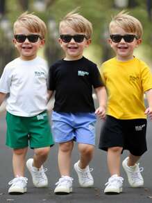 SHEIN 6 pièces Ensemble mode été pour jeunes garçons - Comprend des t-shirts à manches courtes imprimés graphiques avec texture gaufré en couleurs assorties et des shorts avec taille élastique confortables. Convient pour le casual, l'école et les tenues de sport en été