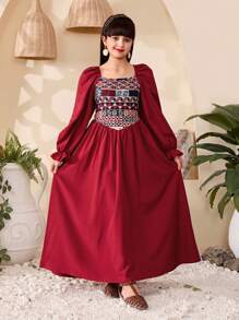 Tween Girl Burgundy Color-Block Floral Print Long Sleeve Dress,Elegant Autumn Waist Pleated Vintage Style Suitable For Party,Formal Occasions&Holiday - Burgundy - View 1