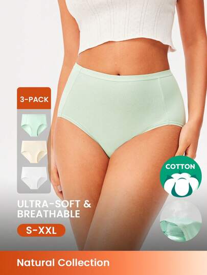 LUVLETTE 3 条装透气棉质基础款高腰三角裤女士内裤套装 - 薄荷清新，也适合少女、青少年和儿童