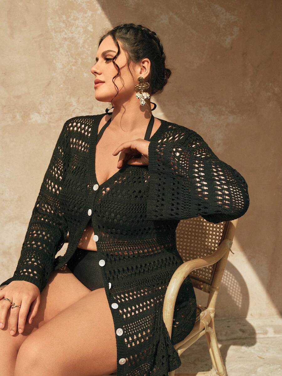 SHEIN Swim Curve Quimono de Praia de Tricô Elegante Preto com Mangas Longas Amplas, Botões e Recorte, Plus Size, Para Férias de Verão - Preto - Visão 1