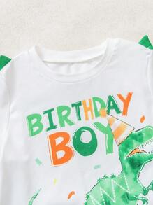 SHEIN Playful Pals 2pcs/Set Toddler Boys Birthday Dinosaur Graphic Tee And Shorts Set, Suitable For Birthday Party Photos, Spring/Summer - Green - View 3