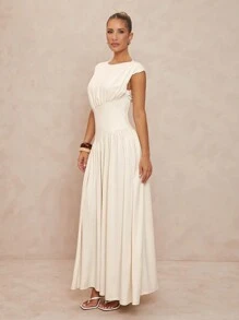 Lumalex 女式船领褶皱腰喇叭下摆紧身连衣裙 - 米色 - 查看 5