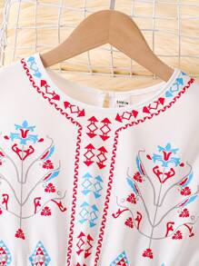 SHEIN Tween Girls' Resort Casual Geometric Print Flared Sleeve Dress,Holiday,Summer,Travel