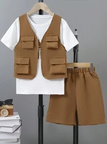 SHEIN 3pcs Set Boys Casual Cargo Vest With Pockets - Khaki - View 1