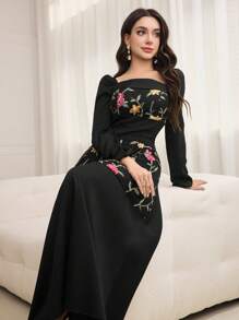 Modelyn 女士长款刺绣浪漫优雅 A 字裙 - 黑色 - 查看 3