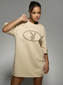 Missguided x Playboy Distressed Oversized T-Shirt Vintage Logo Print Urban Streetwear Grunge Fashion Casual Summer Festival - Khaki - View 4
