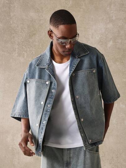 SUMWON Oversized Carpenter Short Sleeve Denim Shirt Designer Jacket With Metal Snap Buttons Streetwear Workwear Fashion Urban Casual Spring Summer