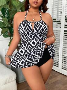 Swim Lushoire Plus Size Women 2 Pieces Printed Spaghetti Strap Tankini Set With Drawstring, Slimming Vacation Bikini Set For Summer - Black and White - View 4