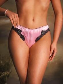 Women's Retro Palace Satin Lace Patchwork Triangle Panties - Pink - View 3