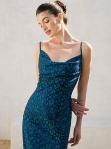 Aveloria Leopard Print Draped Cami Dress Vacation Outfits Woman  Elegant FashionableOld Money Style All Over Print For Summer - Blue - View 4