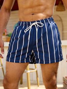 Manfinity Swimmode Men's Striped Drawstring Waist Casual Beach Shorts - Navy Blue - View 3
