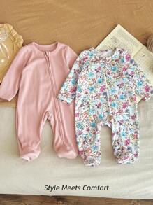 Dozemod Kids Newborn Baby Girl 2pcs/Set Minimalist Floral Pattern Crew Neck Long Sleeve Zip Front Cozy Soft Footed Jumpsuit & Romper