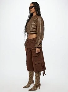 SUMWON WOMEN 优质做旧皮革飞行员夹克，配有实用口袋、经典罗纹饰边和全拉链街头风格外套，适合秋冬时尚 - 棕色 - 查看 4