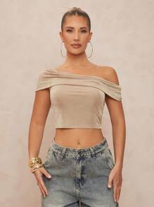 Lumalex 1 件女式不对称扭纹垂坠修身衬衫 - 卡其色 - 查看 6