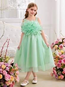 SHEIN Tween 女童优雅叠层荷叶边撞色边无袖连衣裙 - 綠色 - 查看 9