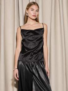 AiiRZ Luxury Satin Jacquard Cowl Neck Camisole Evening Top Party Club Cocktail Sleeveless Slim Fit Dressy Tank Metallic Sheen Holiday Special Occasion