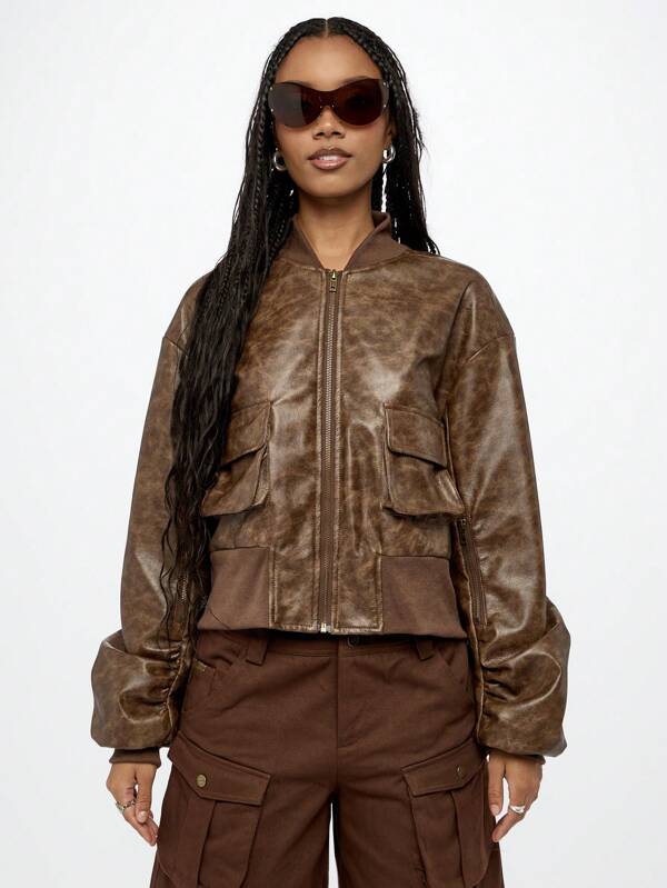SUMWON WOMEN Premium Distressed Leather Bomber Jacket With Utility Pockets, Classic Ribbed Trim, Full-Zip Street Style Outerwear For Fall Winter Fashion