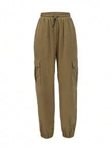 SHEIN PETITE Women's Casual Elastic Waist Drawstring Fitted Slim Cargo Pants With Pockets, Spring/Summer - Khaki - View 3