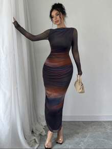 Firerie 女士渐变褶皱弹力网眼长袖连衣裙，浪漫、约会、派对、音乐会、表演服装、婚礼季、返校季、情人节 - 黑與白 - 查看 6