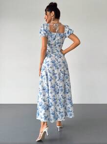 Firerie Women's White Floral Square Collar Puff Sleeve Front Tie Dress,Elegant Romantic Summer Bohemian For Garden Party Vacation,Wedding,Gala - Blue and White - View 6