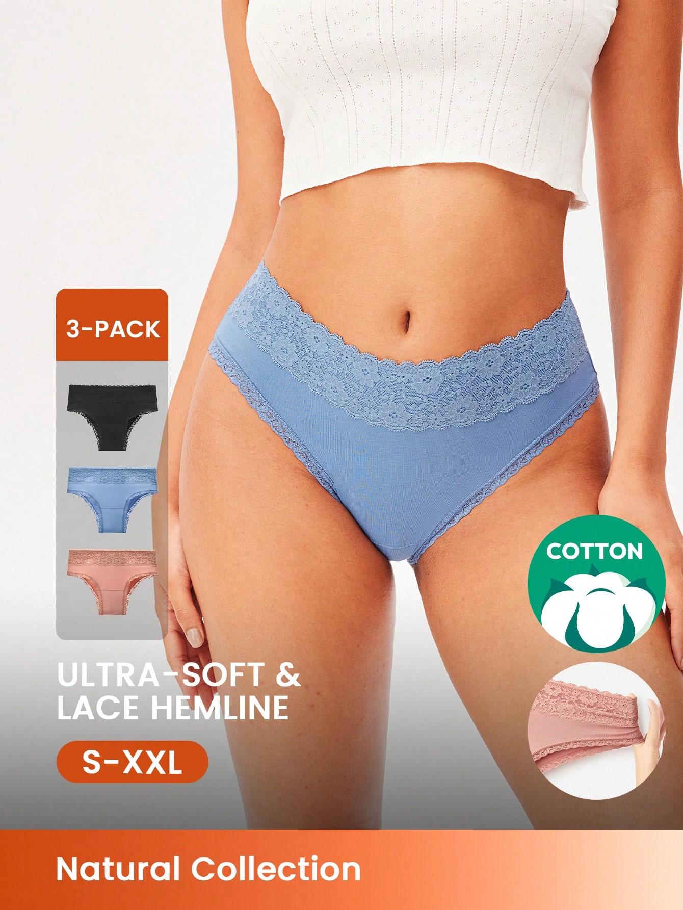 Set di 3 mutandine basic in cotone leggero a vita media con dettagli in pizzo per donna