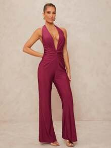 Lumalex Spring Outing Summer Swimsuit Swimwear Swim Old Money Vacation Bohemian BOHO Sea Beach Hot Outdoor Wedding Season Banquet Coming Of Age Ceremony Seaside Deep V-Neck Backless Ruched Waist Women's Jumpsuit - Red Violet - View 5