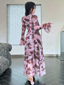Modelyn Women's Maxi Mesh Tie-Dye Butterfly Print Romantic Elegant Bell Sleeve Fish Tail Dress, Spring/Summer