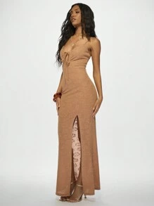 MISSGUIDED 性感紧身长裙，前开衩，系带细节优雅晚礼服，适合正式活动派对高开衩设计，褶饰细节 - 棕色 - 查看 5