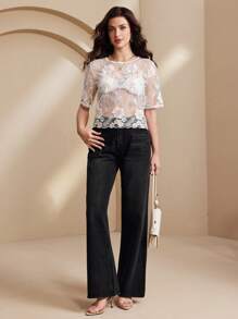 Chiquease Women's Embroidered Semi-Sheer Round Neck Blouse - Multicolor - View 5