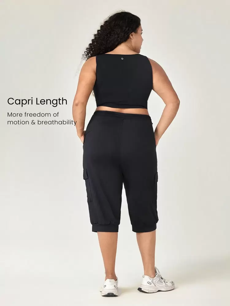 クラウドニット ソフト プラスサイズ 調節可能な紐付きウエスト カーゴ キャプリパンツ サイドポケット デイリーカジュアル