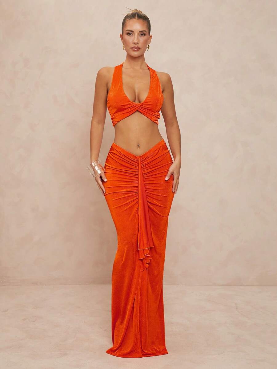 Lumalex 大码女式 2 件套，扭曲 U 形细肩带低腰褶皱飘逸紧身连衣裙