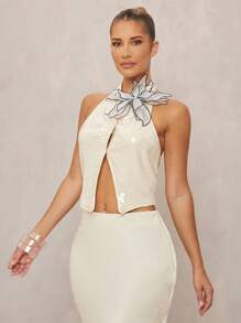 Lumalex Top sin espalda con cuello de halter, decoración floral 3D con lentejuelas para fiestas de lujo/festival de primavera