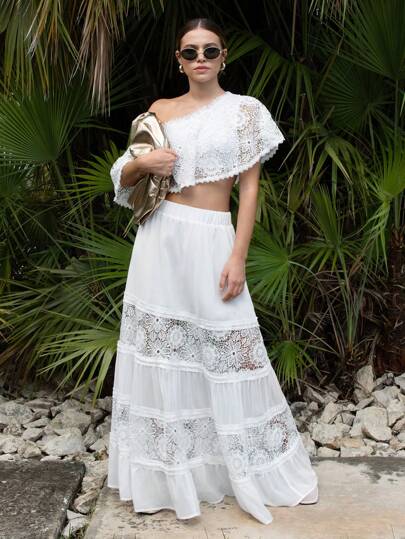 VERO DIAZ Designer Boho Bohemian Women's White Lace Asymmetrical Neck Blouse, Ruffled Cropped Top For Spring & Summer Vacation, Beach Cruise, Going Out, Festival, Ibiza Fits