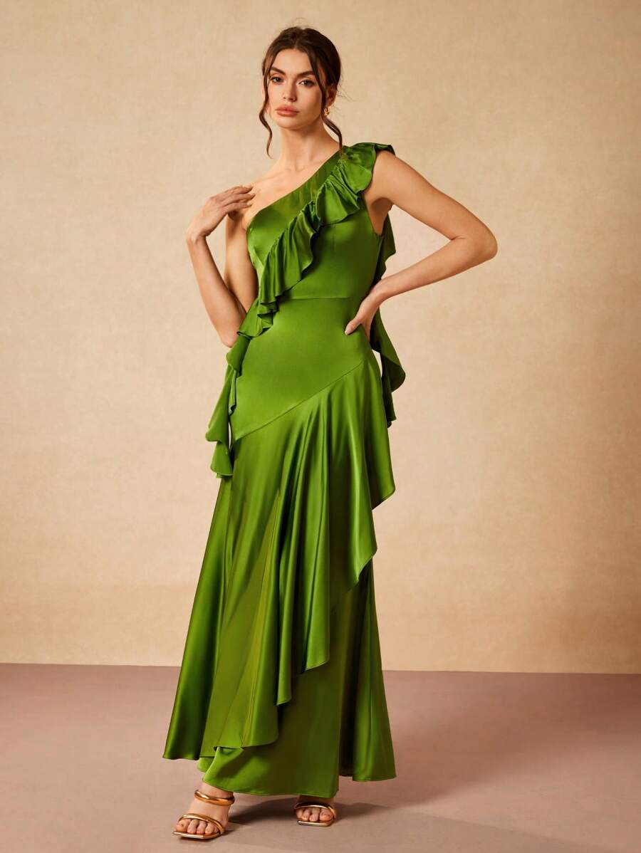 Gabriela Silveira Designer Solid Green Satin Ruffles Asymmetrical Neck Neckline Flared Hem Maxi Dress, Festival, Concert Outfit, Rave, Prom Dress - Green - View 1