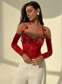 TrendSteals 女款 3D 玫瑰花卉蕾絲上衣 - 紅色 - 查看 2