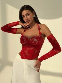 TrendSteals 女款 3D 玫瑰花卉蕾絲上衣 - 紅色 - 查看 5
